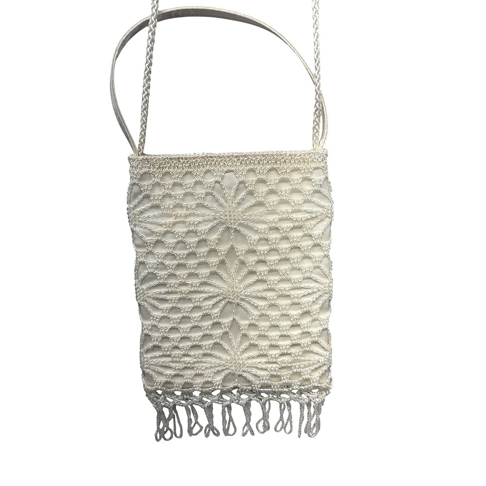 Vintage 90s/Y2K Ivory Beaded Satin Party Purse Handbag Women Bridal Bag Formal - Picture 2 of 12